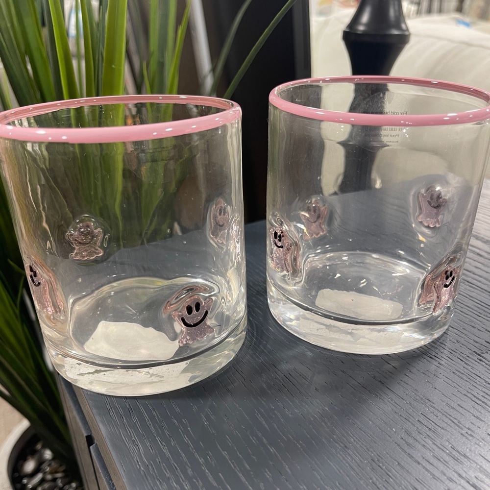 Pink Halloween Pink Ghost Lampwork Glass Embedded  Drinking Glasses Set of 2 NEW